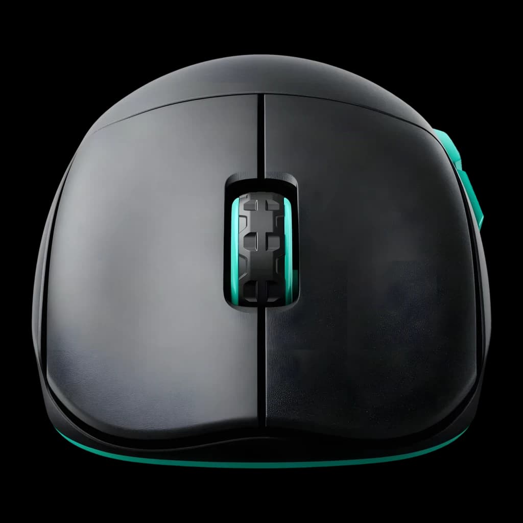 Cherry XTRFY M68 Wireless negro turquesa, vista superior: rueda con detalle turquesa, botones principales y franja