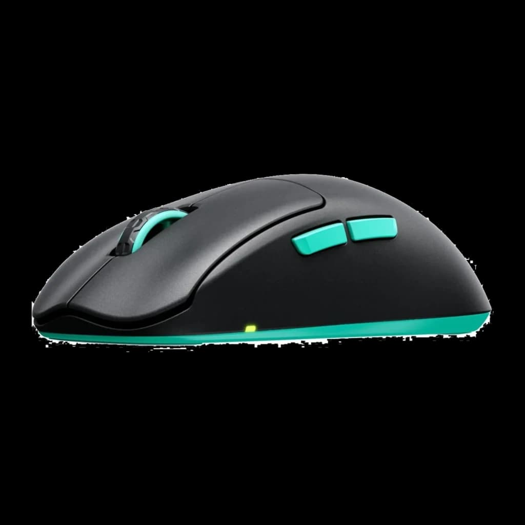 Cherry XTRFY M68 Wireless negro turquesa, vista lateral: botones laterales turquesa, rueda y base con acento de color