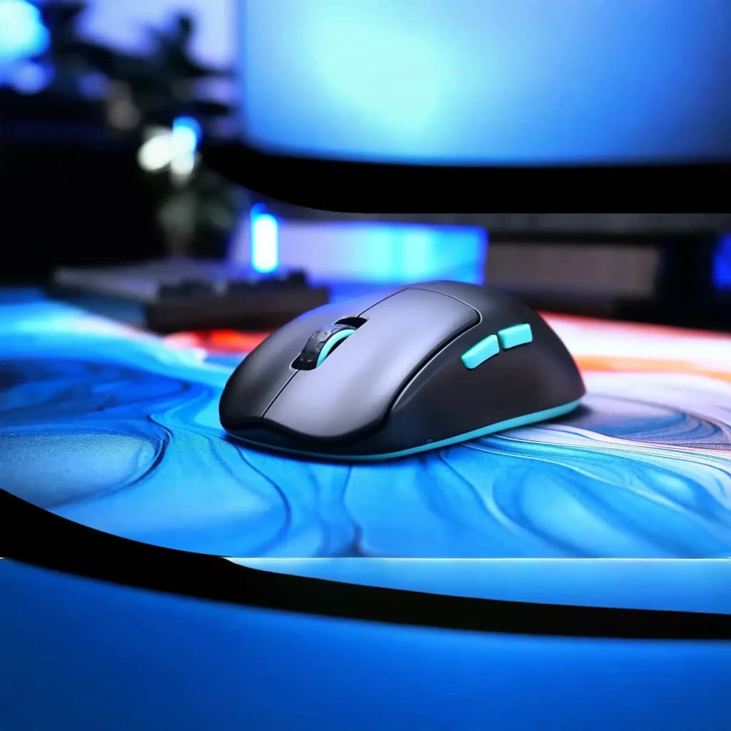 Cherry XTRFY M68 Wireless negro/turquesa, vista lateral: ratón sobre mousepad, botones laterales turquesa visibles