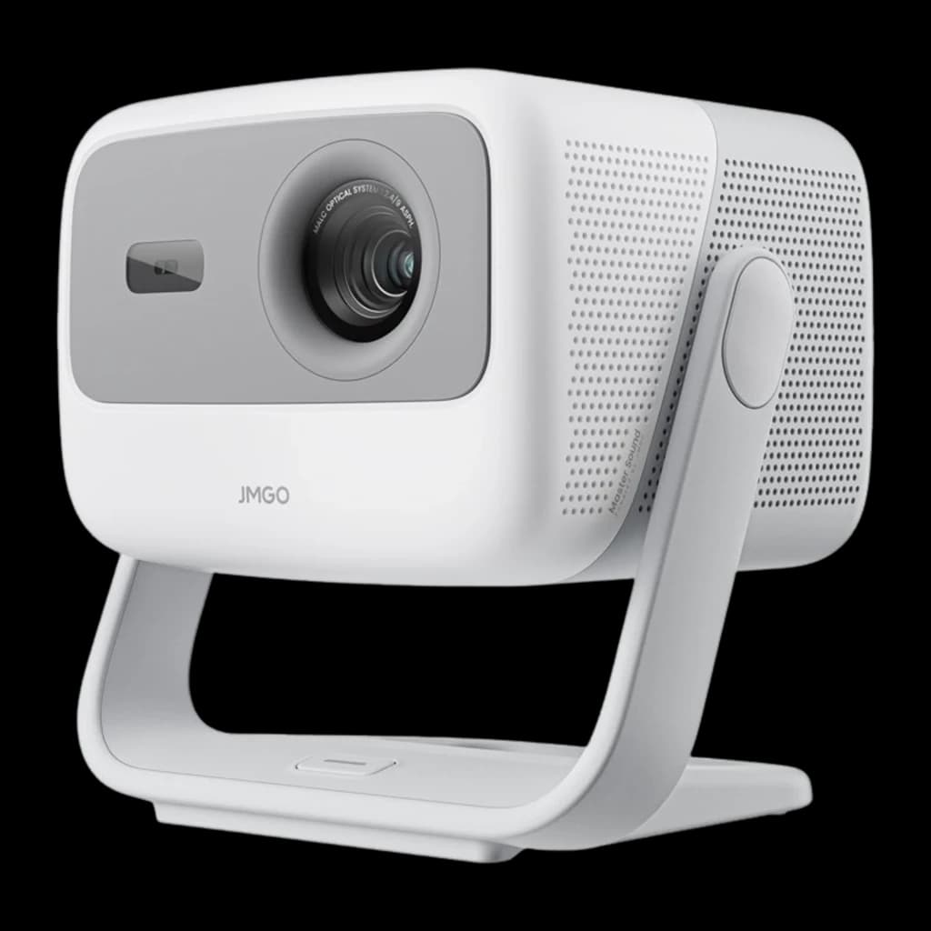 JMGO N1S SE Proyector 32GB blanco, vista frontal en ángulo: lente óptica central, rejilla altavoz y soporte articulado