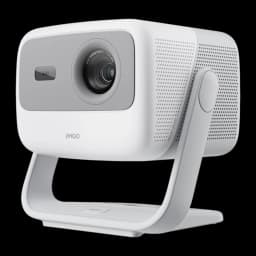 JMGO N1S SE Proyector 32GB blanco, vista frontal en ángulo: lente óptica central, rejilla altavoz y soporte articulado