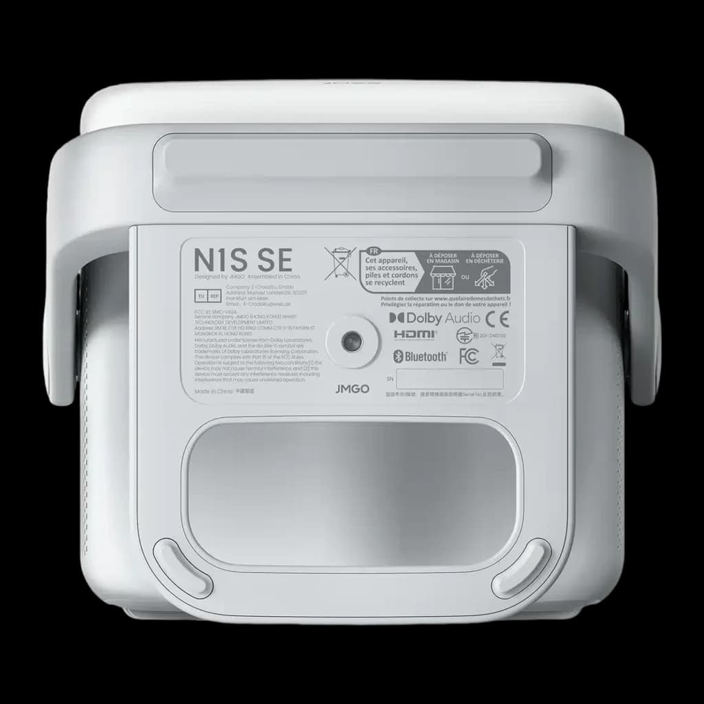 JMGO N1S SE Proyector 32GB blanco, vista inferior: etiqueta N1S SE, certificaciones Dolby HDMI Bluetooth y lente de ajuste