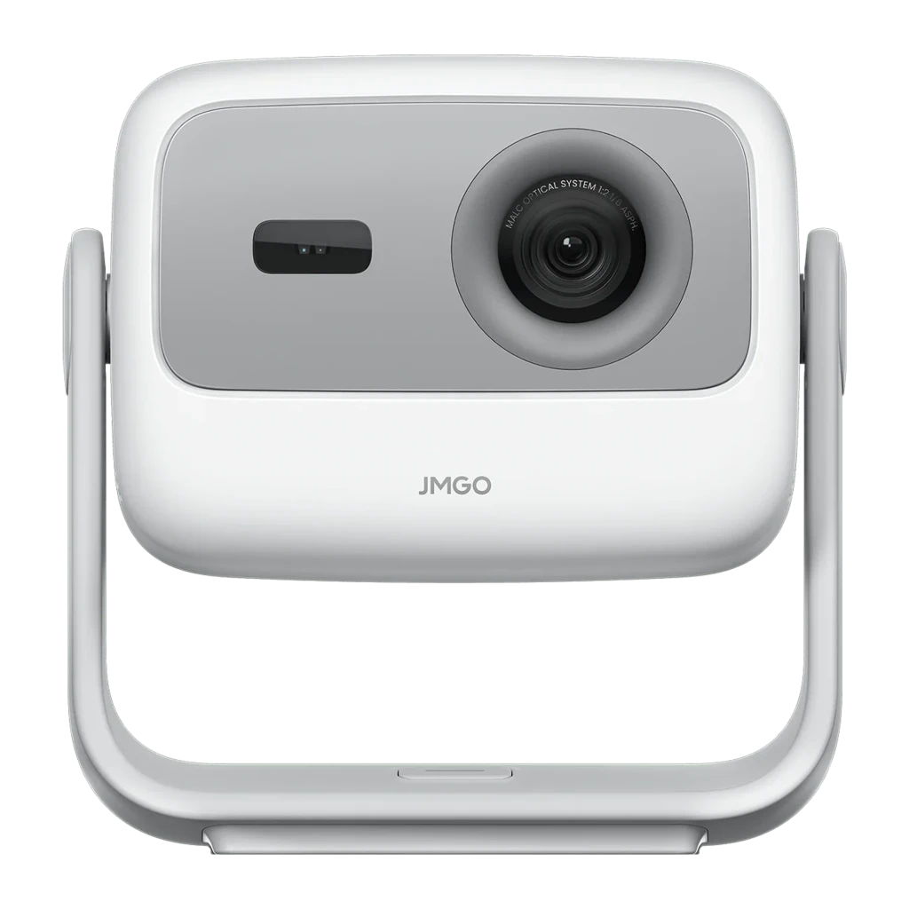 JMGO N1S SE Projetor 32GB branco, vista frontal em ângulo: lente óptica central, grade de alto-falante e suporte articulado - Item3