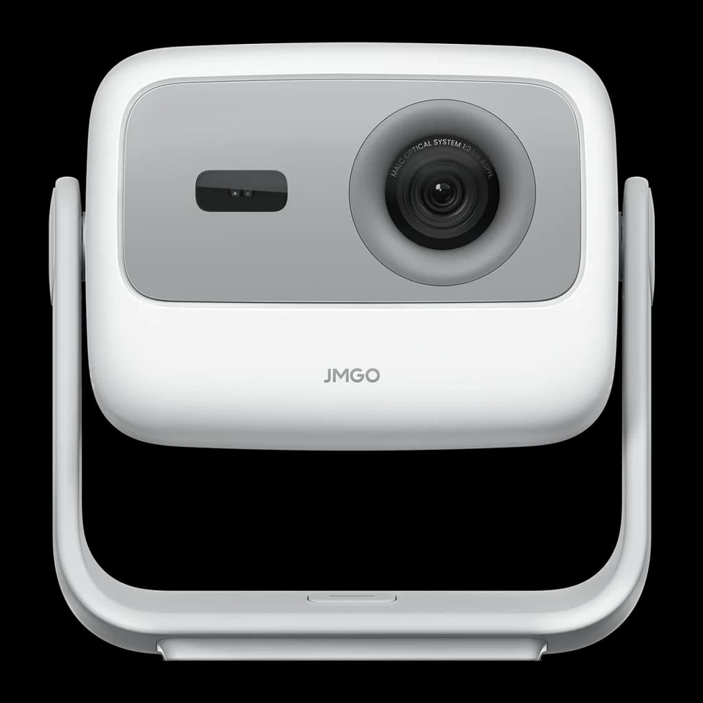 JMGO N1S SE Proyector 32GB blanco, vista frontal: lente óptica central, sensor IR y soporte giratorio inferior