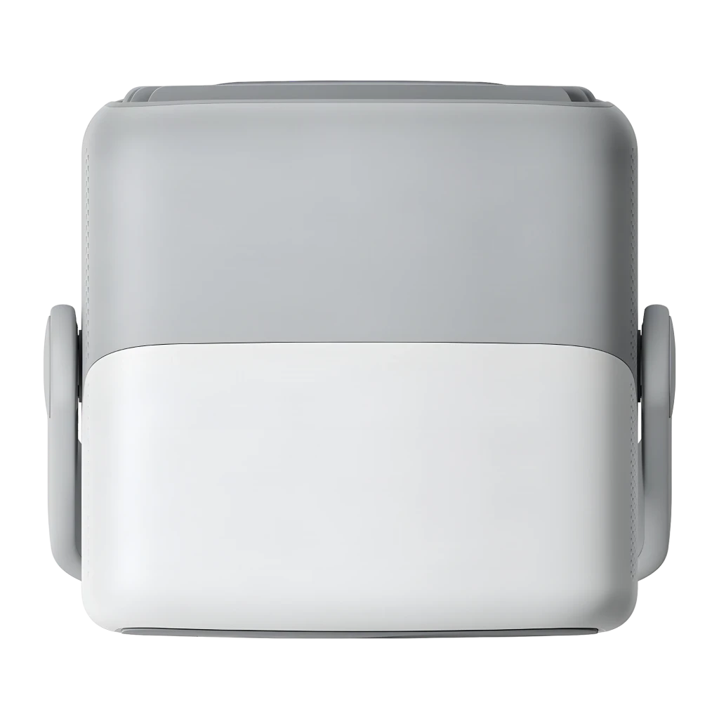 JMGO N1S SE Projetor 32GB branco, vista frontal em ângulo: lente óptica central, grade de alto-falante e suporte articulado - Item4