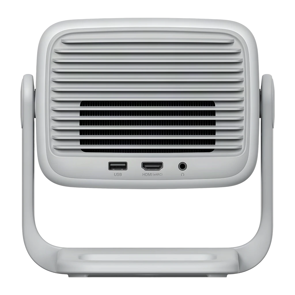 JMGO N1S SE Projetor 32GB branco, vista frontal em ângulo: lente óptica central, grade de alto-falante e suporte articulado - Item5