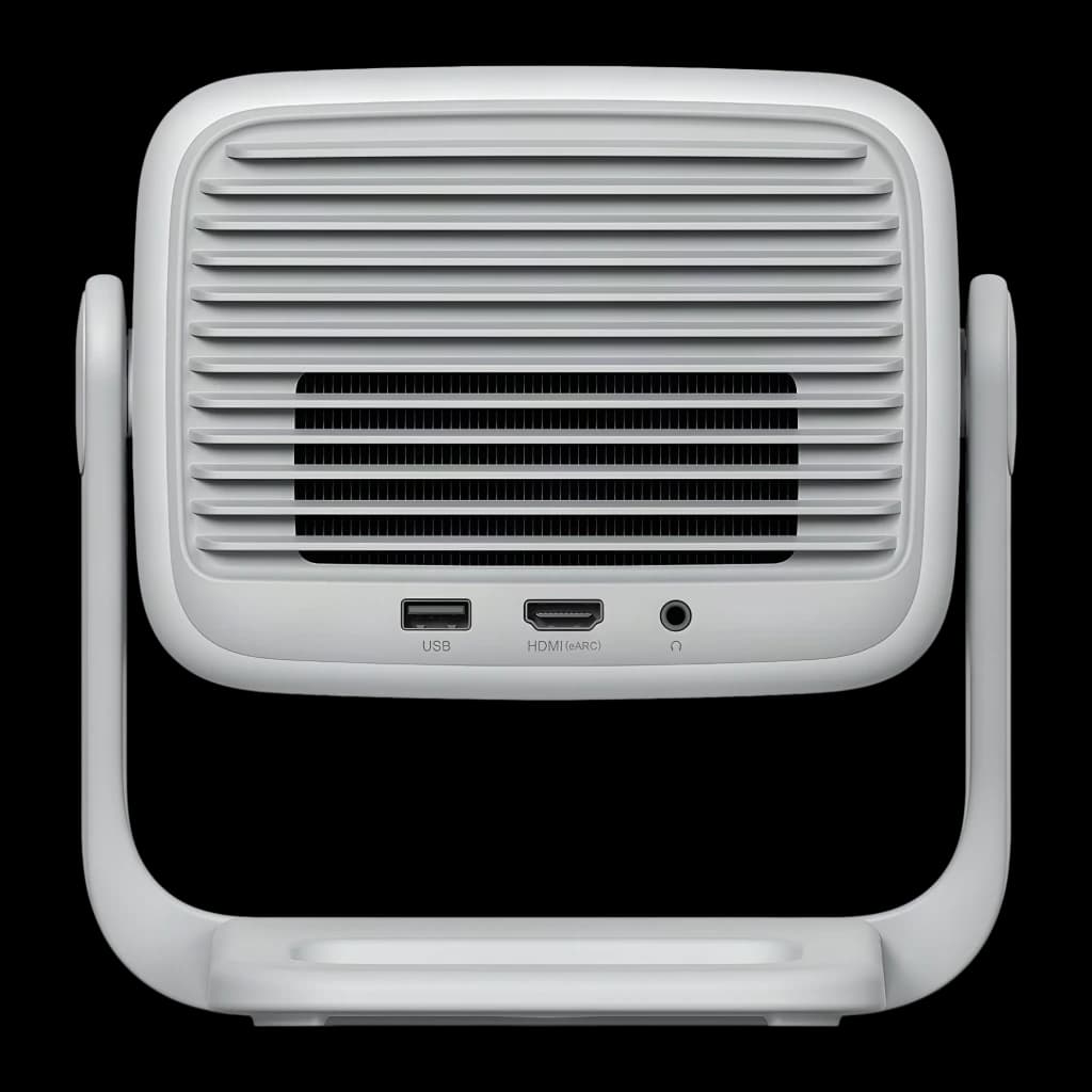 JMGO N1S SE Proyector 32GB Blanco, vista trasera: rejilla de ventilación, puertos USB, HDMI eARC y jack de audio