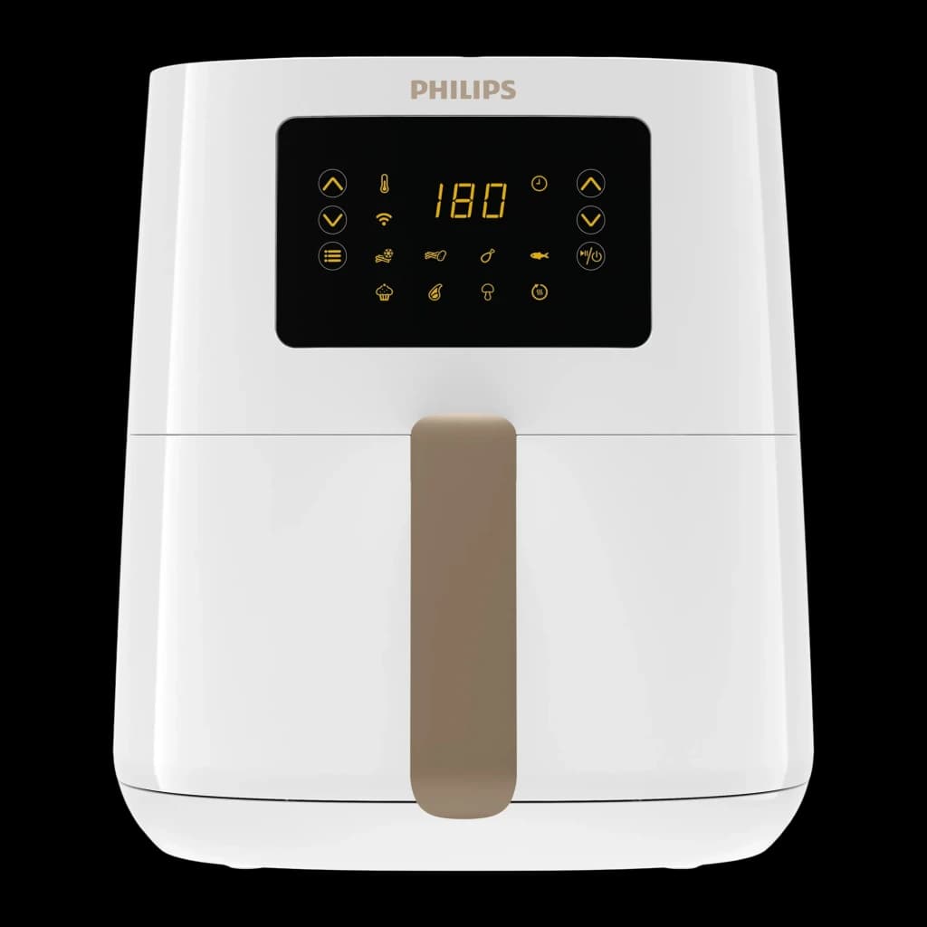 Philips Freidora Aire 5000 Series HD9255/30 4,1L blanco, vista frontal: pantalla táctil dorada y asa dorada