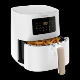 Philips Freidora Aire 5000 Series HD9255/30 4,1L blanco, vista lateral: cajón abierto con patatas fritas dentro