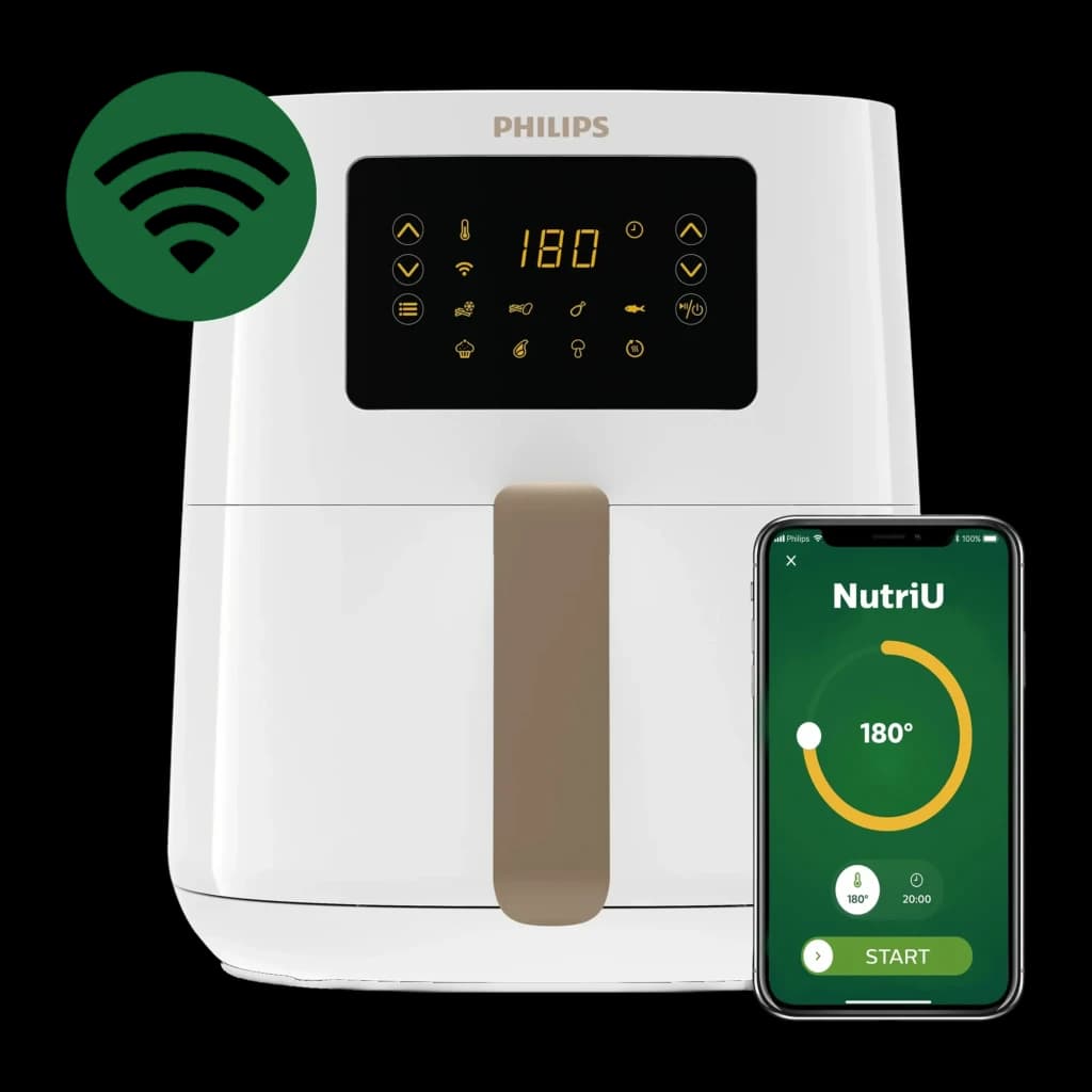 Philips Freidora Aire 5000 Series HD9255/30 4,1L blanco, frontal: panel táctil y app NutriU en móvil