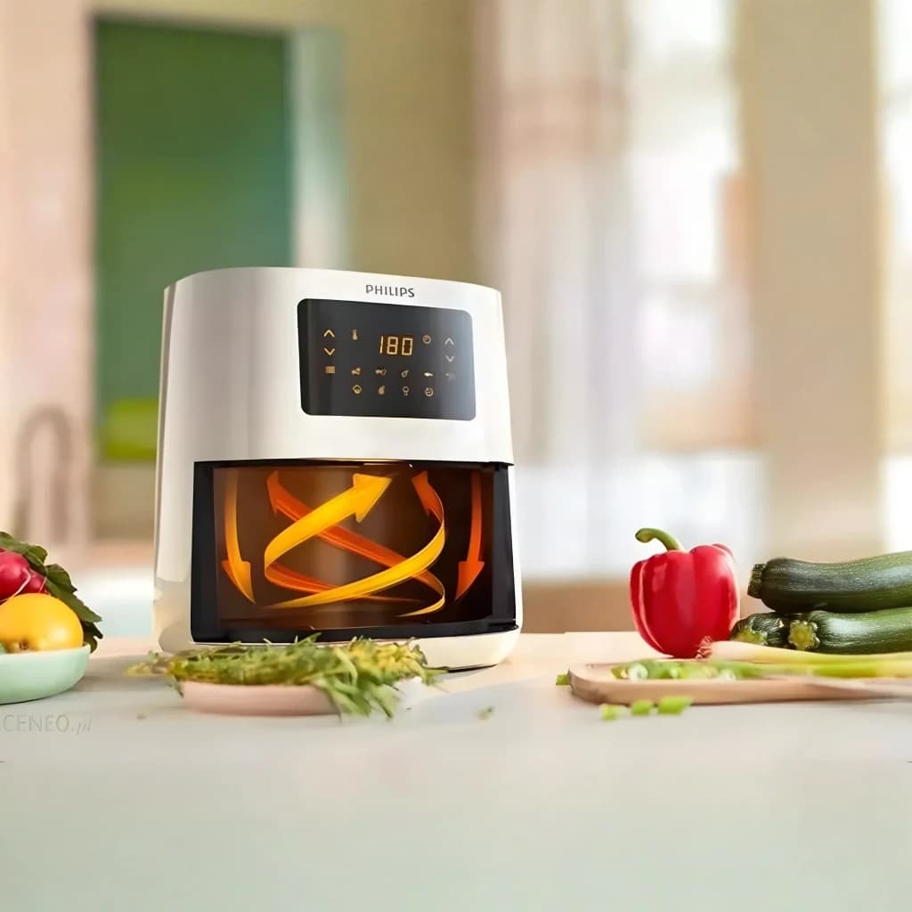 Philips Freidora Aire 5000 Series HD9255/30 4,1L Blanco, vista frontal en cocina: panel digital a 180°, ventana con flujo