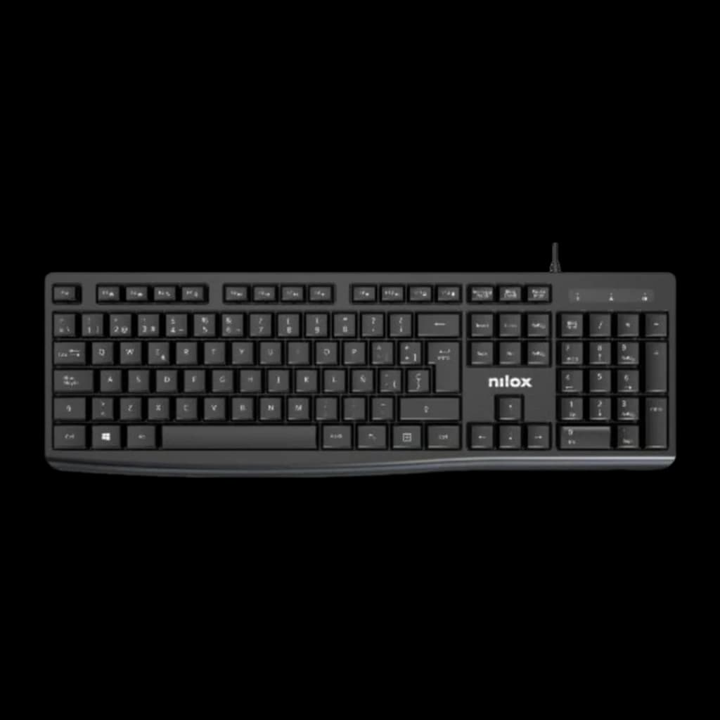 Nilox teclado con cable negro español, vista superior: disposición completa de teclas y cable USB visible en esquina derecha