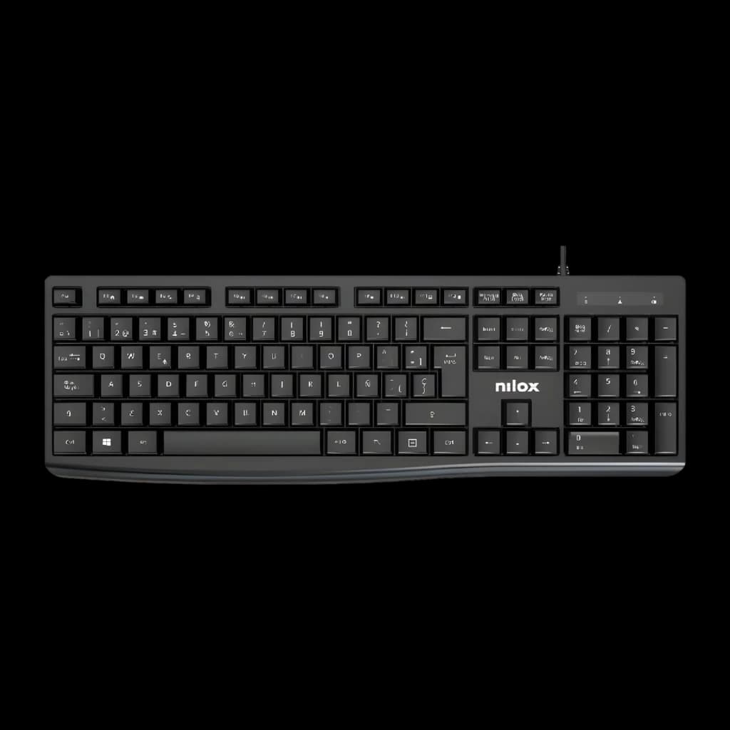 Nilox Teclado con Cable negro, vista superior: disposición completa teclas español con cable USB visible