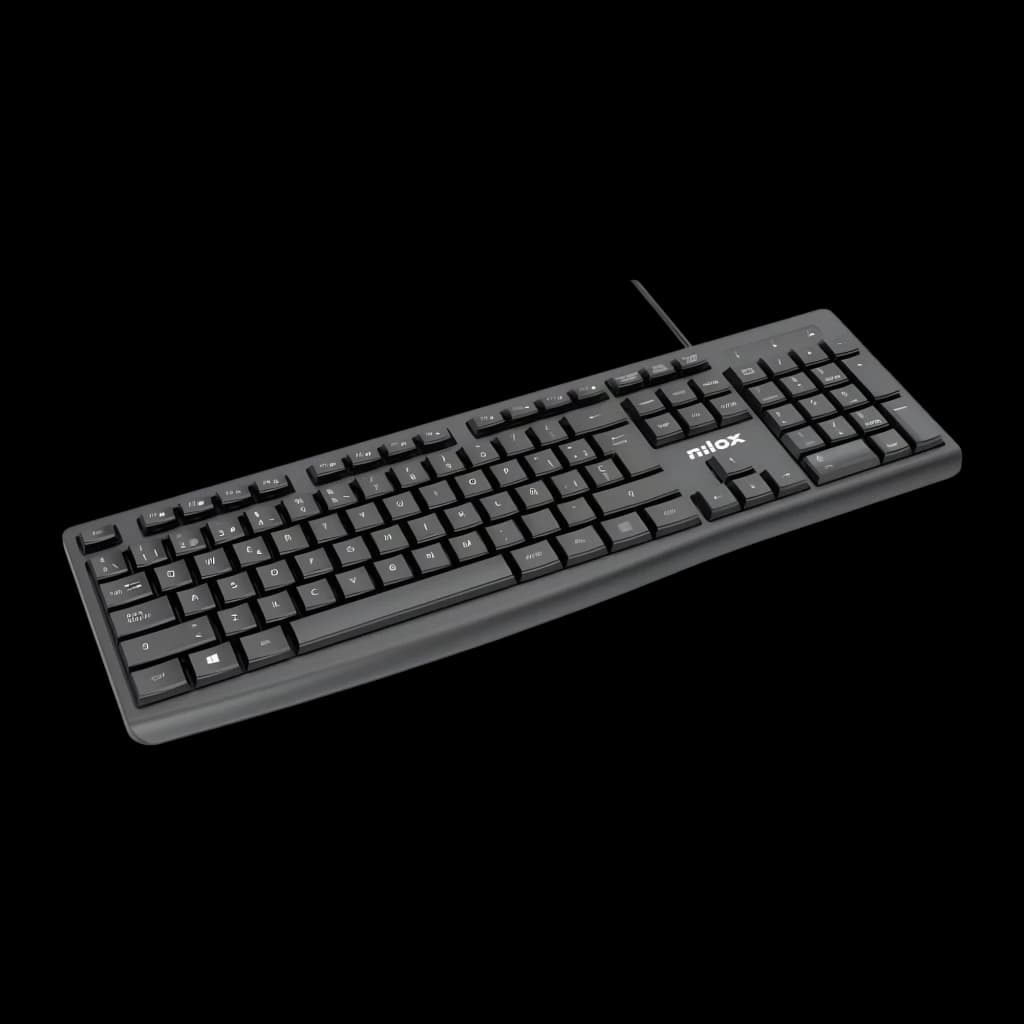 Nilox Teclado con Cable negro español, vista en perspectiva: teclas completas, cable y logo Nilox visibles