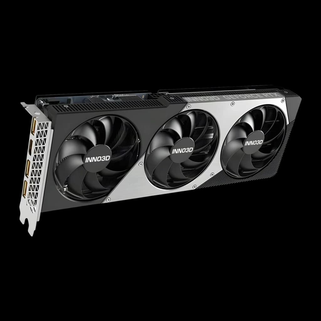 Inno3D GeForce RTX 5060 Ti TWIN X3 OC 8GB negro, vista frontal en ángulo: triple ventilador, carcasa plateada y negra con