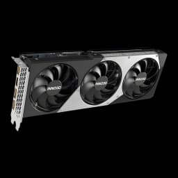 Inno3D GeForce RTX 5060 Ti TWIN X3 OC 8GB negro, vista frontal en ángulo: triple ventilador, carcasa plateada y negra con