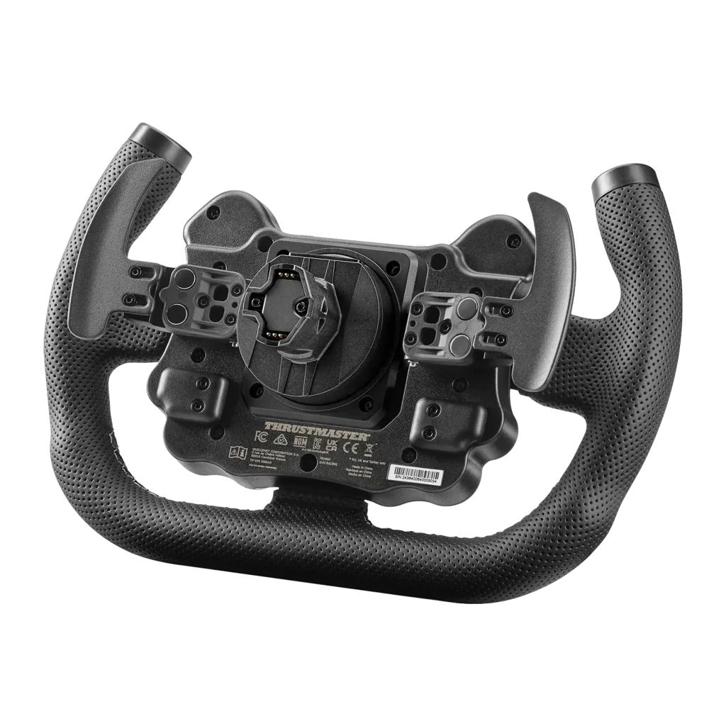 Thrustmaster EVO Racing 31U Leather noir, vue avant: volant avec boutons jaunes, encodeurs et logo TM central - Ítem1