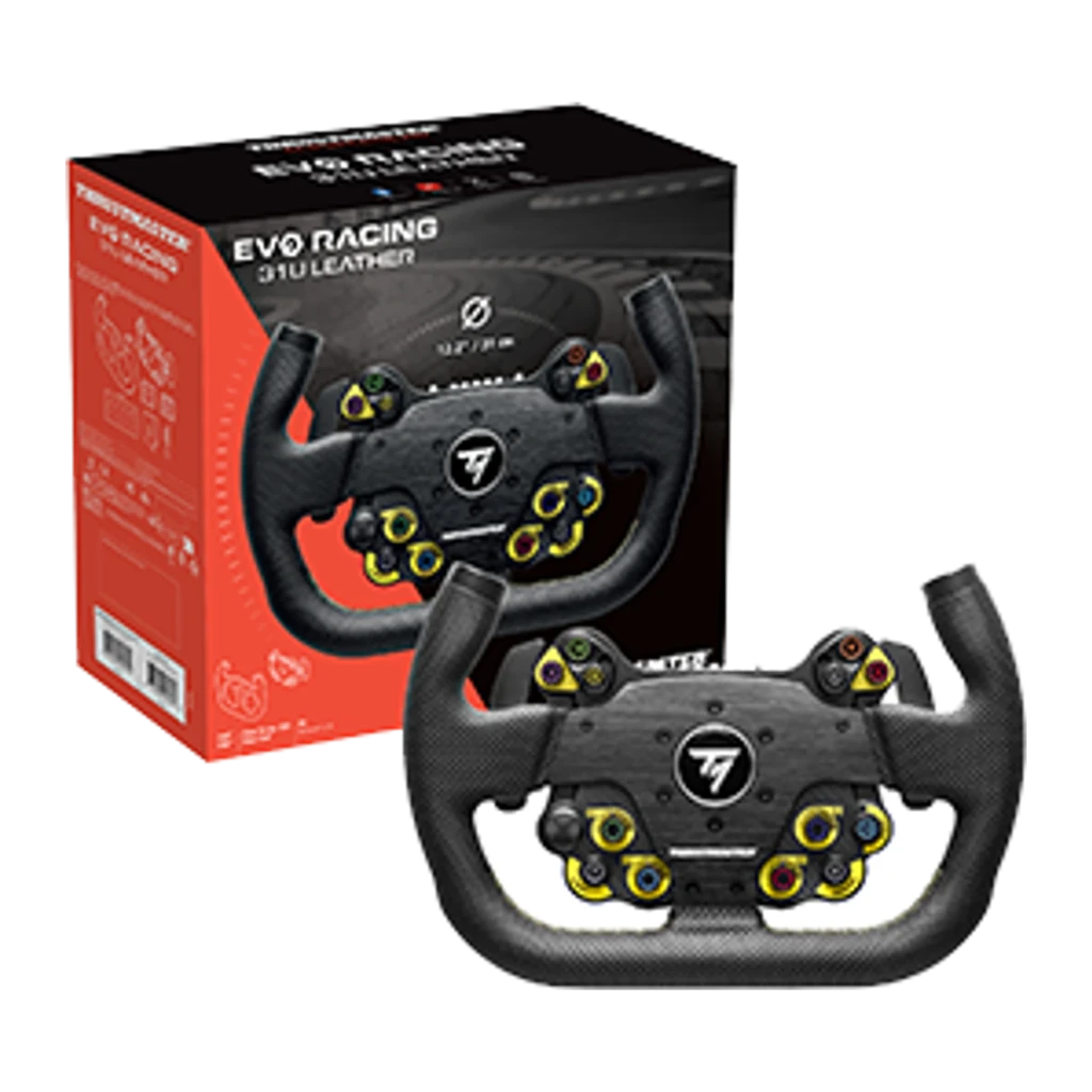 Thrustmaster EVO Racing 31U Leather noir, vue avant: volant avec boutons jaunes, encodeurs et logo TM central - Ítem5