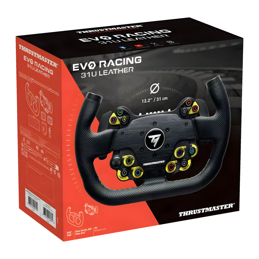 Thrustmaster EVO Racing 31U Leather noir, vue avant: volant avec boutons jaunes, encodeurs et logo TM central - Ítem6