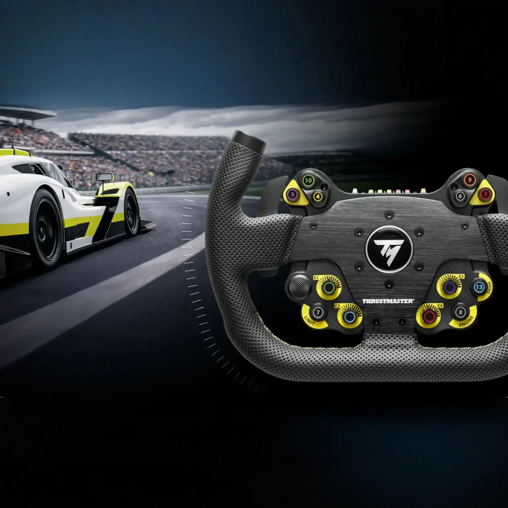Thrustmaster EVO Racing 31U Leather noir, vue avant: volant avec boutons jaunes, encodeurs et logo TM central - Ítem4