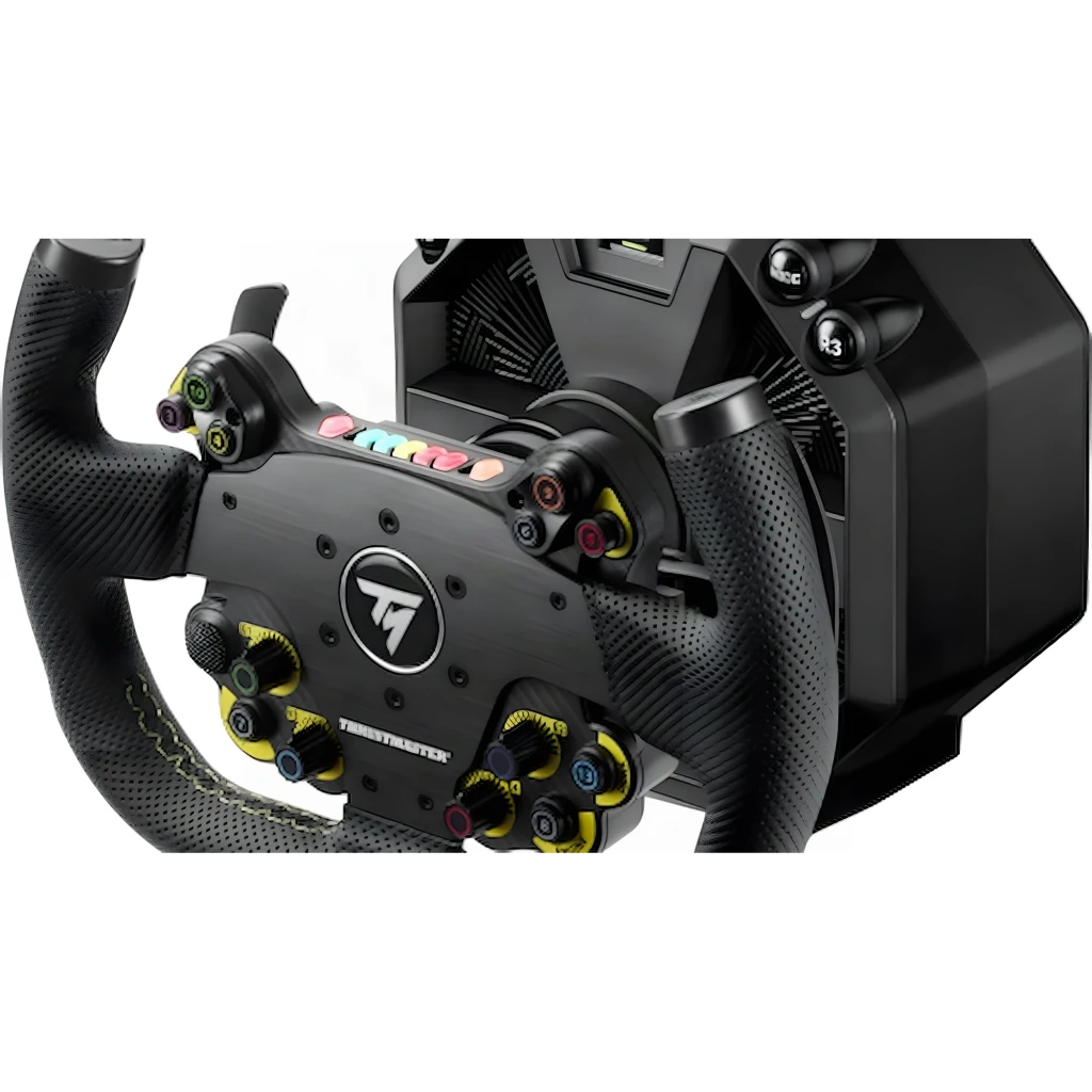 Thrustmaster EVO Racing 31U Leather noir, vue avant: volant avec boutons jaunes, encodeurs et logo TM central - Ítem7