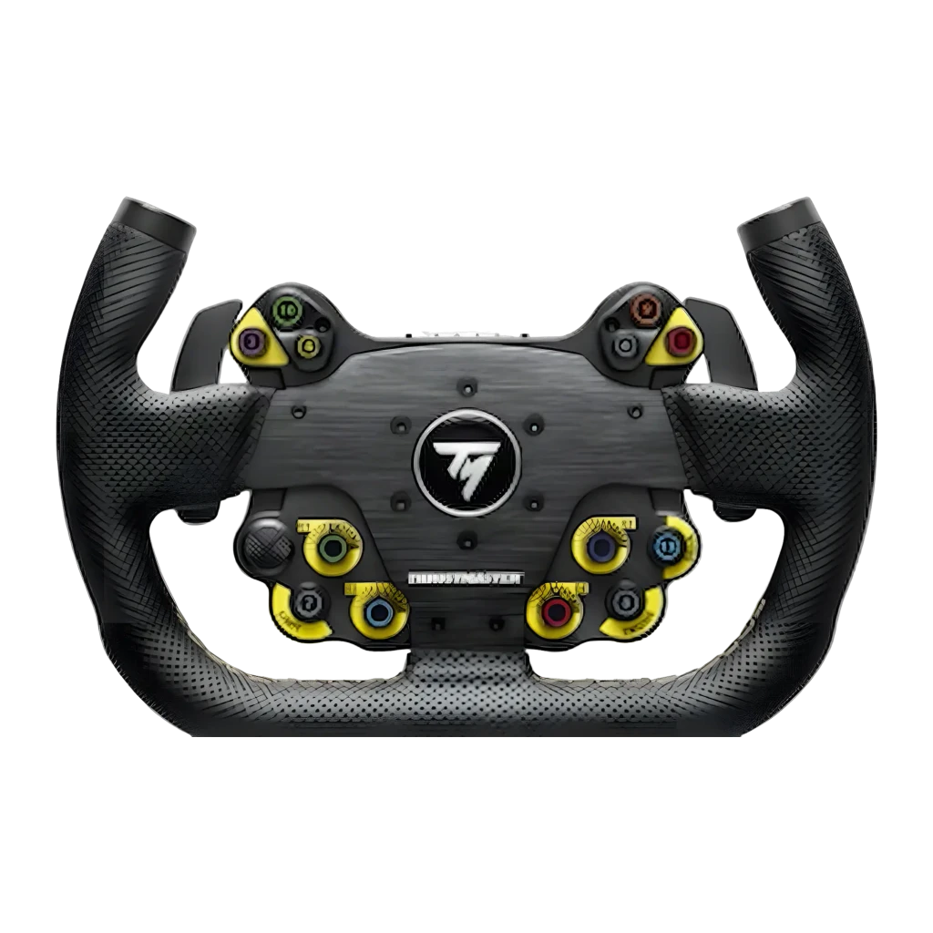 Thrustmaster EVO Racing 31U Leather noir, vue avant: volant avec boutons jaunes, encodeurs et logo TM central - Ítem3