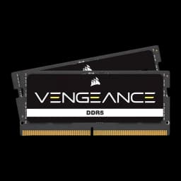 Corsair Vengeance DDR5 48GB SODIMM negro, vista frontal: kit 2x24GB con etiqueta Vengeance DDR5 y contactos dorados