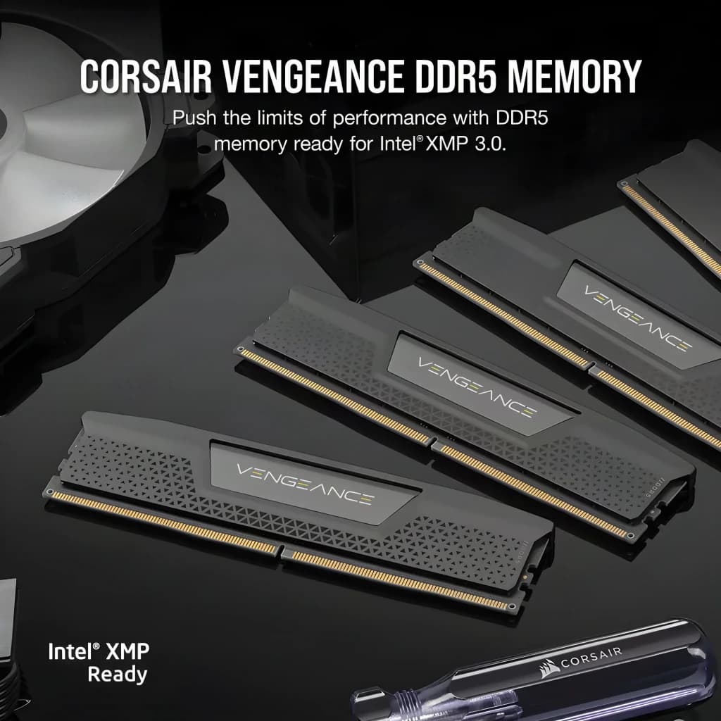 Corsair Vengeance DDR5 48GB negro, vista promocional: tres módulos SODIMM en superficie oscura con logo y texto XMP 3.0