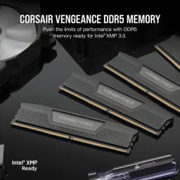 Corsair Vengeance DDR5 48GB negro, vista promocional: tres módulos SODIMM en superficie oscura con logo y texto XMP 3.0