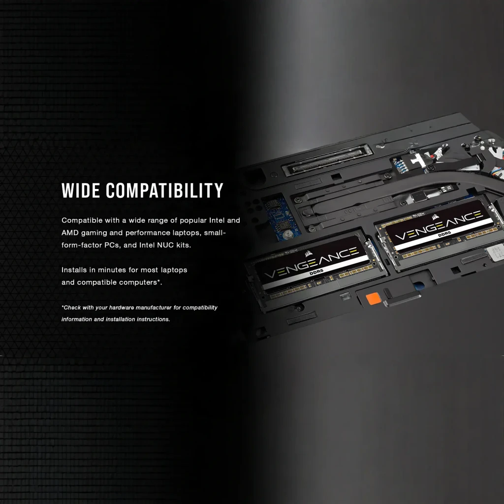Corsair Vengeance DDR5 48GB SODIMM negro, vista frontal: kit 2x24GB con etiqueta Vengeance DDR5 y contactos dorados - Ítem3