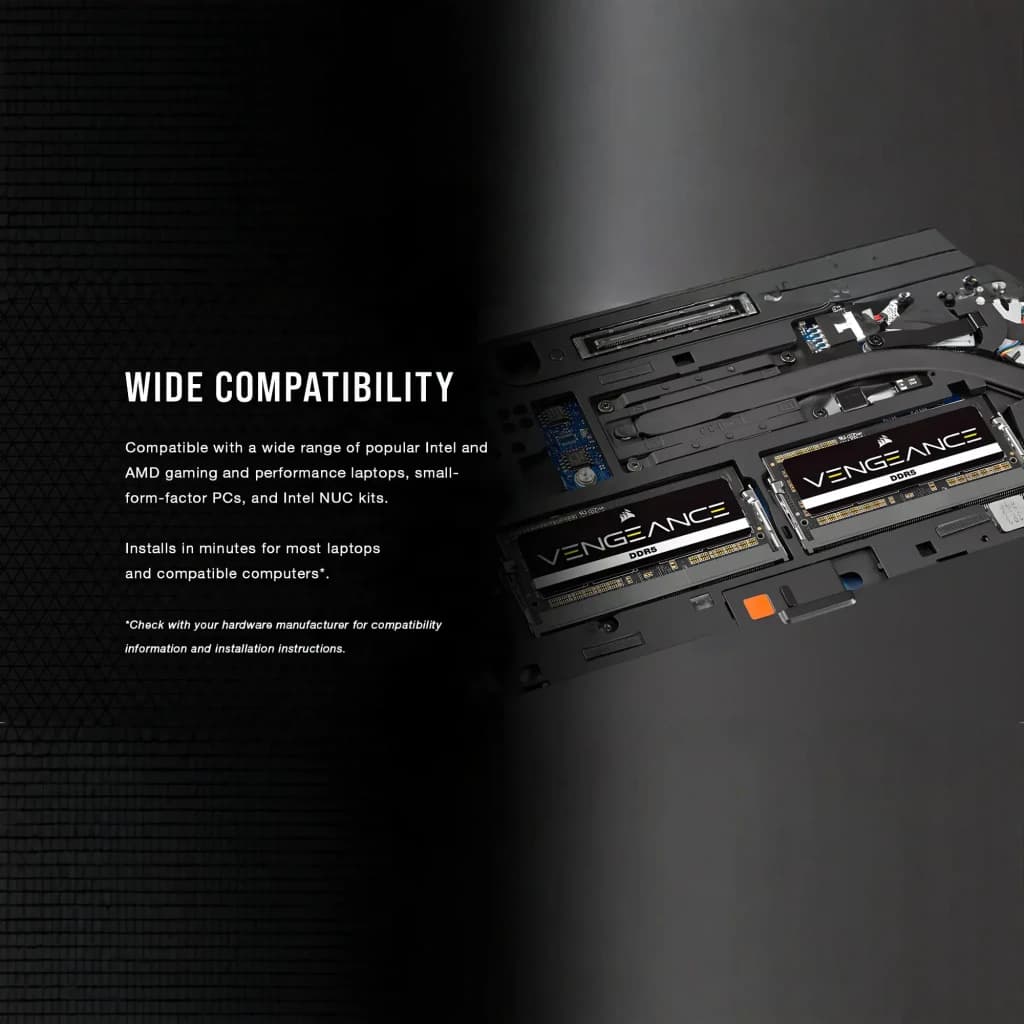 Corsair Vengeance DDR5 48GB SODIMM, compatibilidad: dos módulos instalados en ranuras de portátil abierto