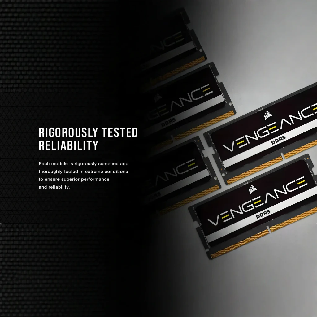 Corsair Vengeance DDR5 48GB SODIMM negro, vista frontal: kit 2x24GB con etiqueta Vengeance DDR5 y contactos dorados - Ítem2