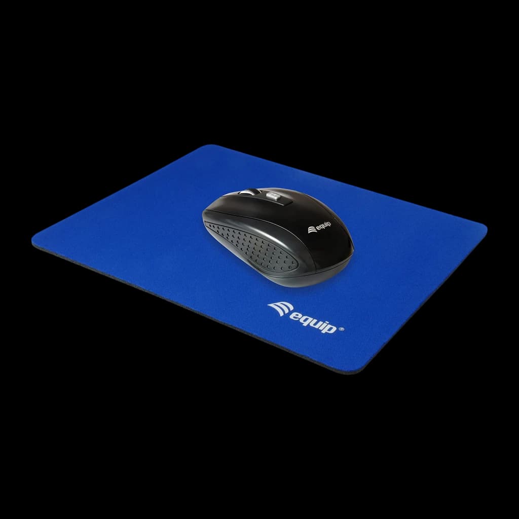 Equip Tapete de rato 245012 azul, vista de uso: rato preto Equip colocado sobre o tapete em ângulo de perspetiva