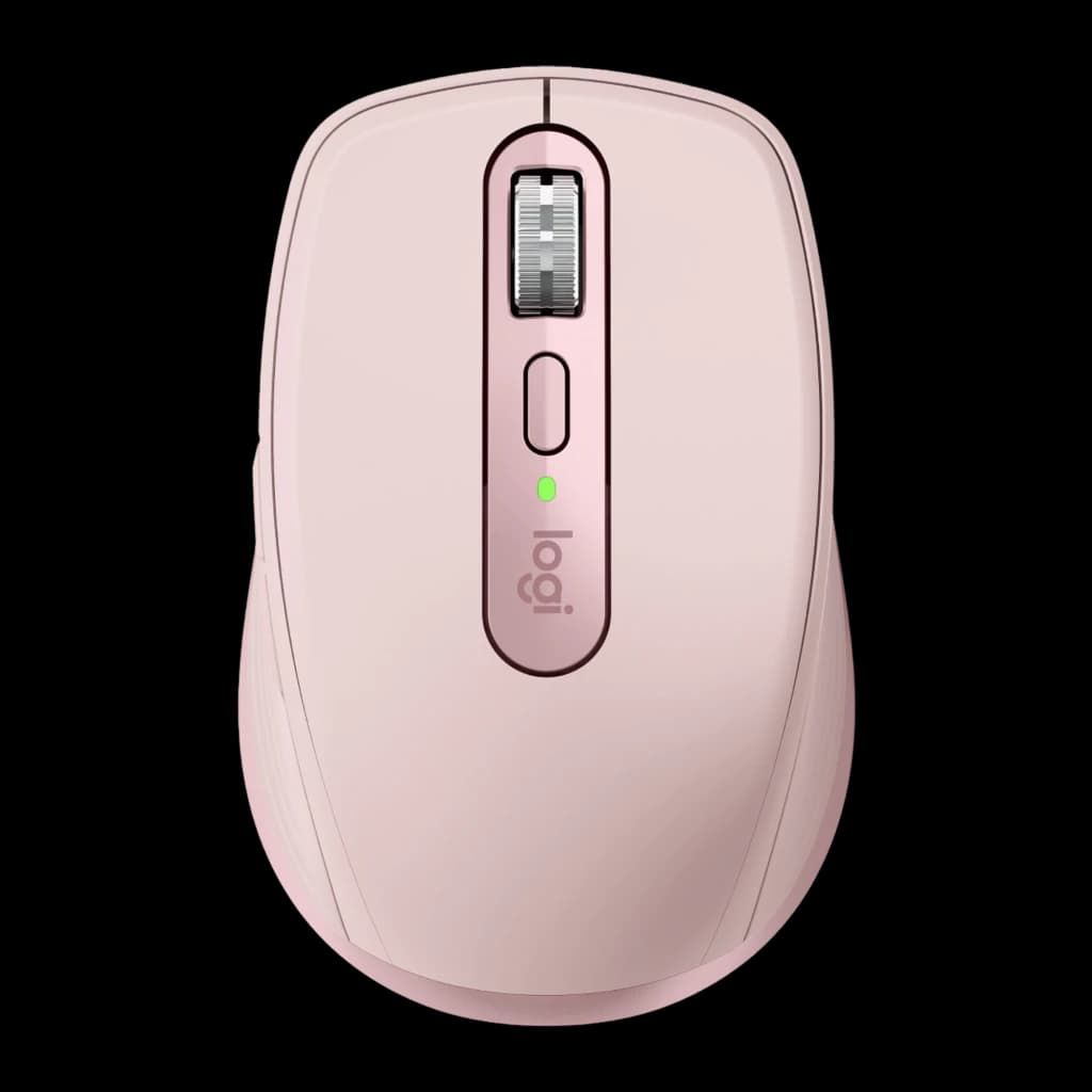 Logitech Rato MX Anywhere 3S Rosa, vista superior: roda de deslocamento metálica, botão central e LED verde visíveis