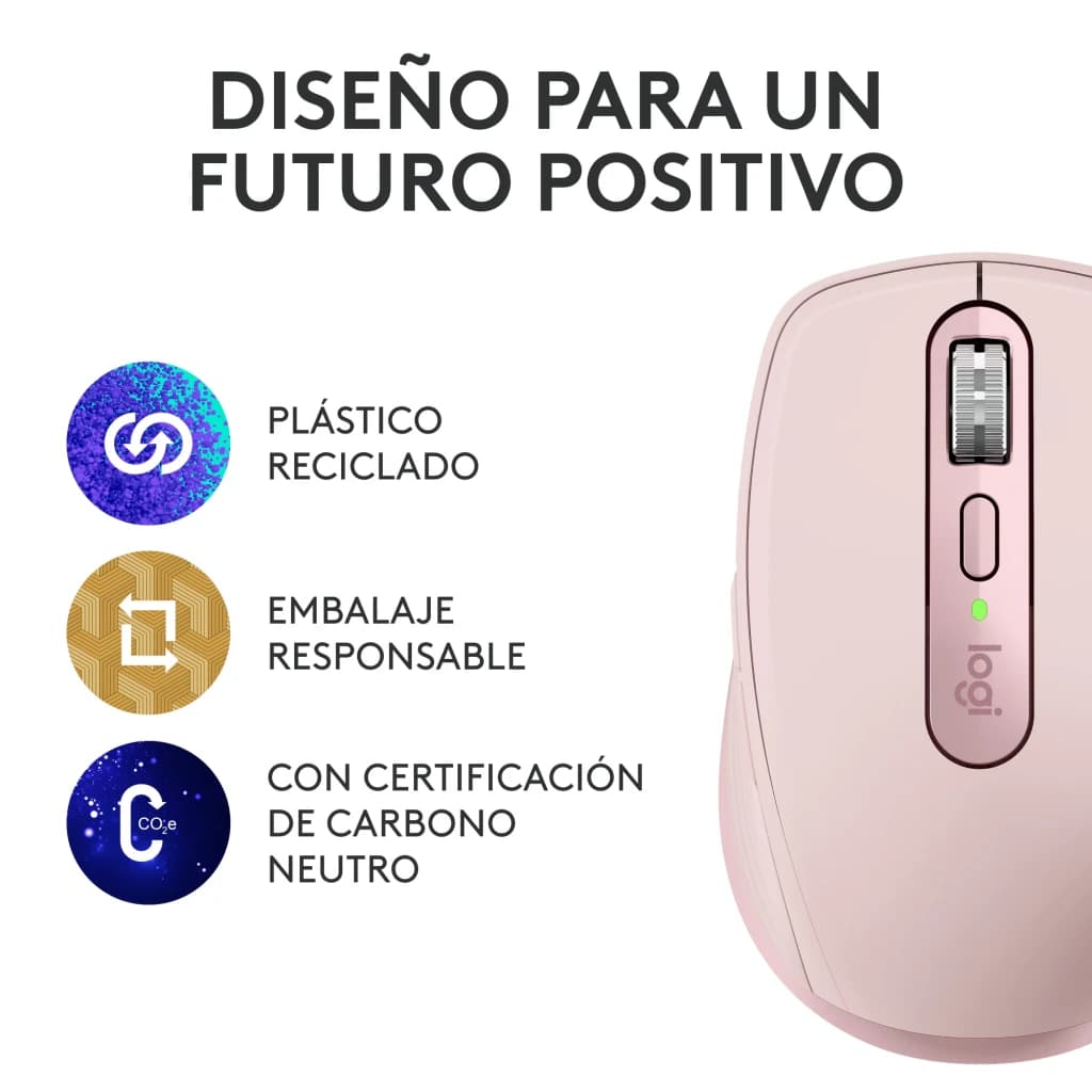 Logitech Rato MX Anywhere 3S Rosa, vista superior direita: roda e botões visíveis, ícones de sustentabilidade