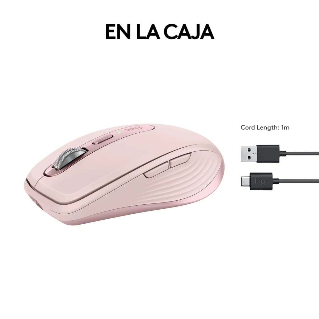 Logitech Rato MX Anywhere 3S Rosa, conteúdo da caixa: rato em vista lateral e cabo USB-A para USB-C de 1m