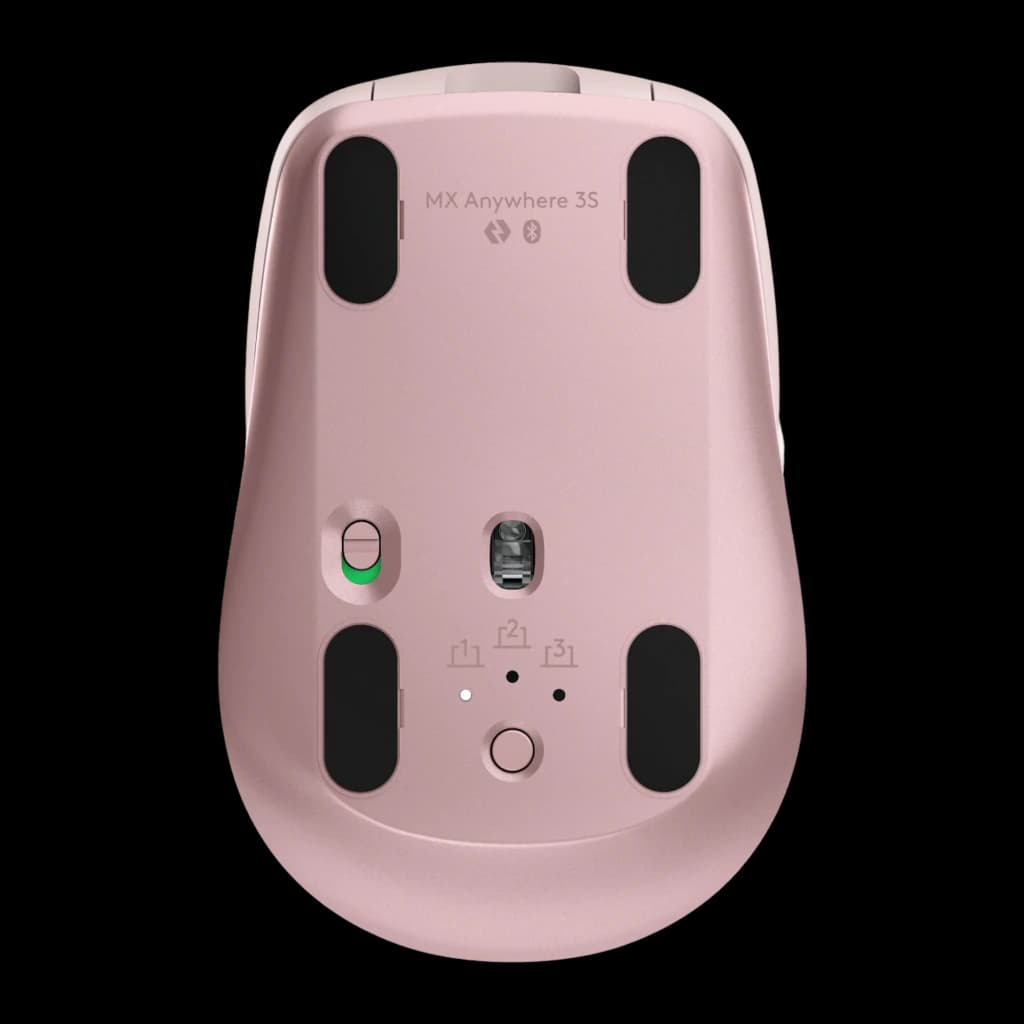 Logitech Rato MX Anywhere 3S Rosa, vista inferior: sensor óptico, botão Easy-Switch, pés deslizantes e logótipo gravado