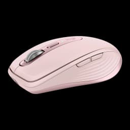 Logitech Rato MX Anywhere 3S Rosa, vista lateral: roda metálica texturizada, botões laterais e LED verde