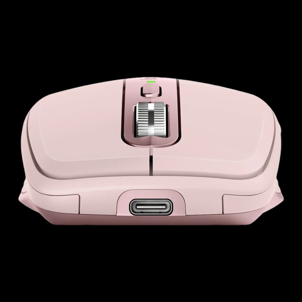 Logitech Rato MX Anywhere 3S Rosa, vista frontal: porta USB-C, roda metálica e LED de bateria visíveis
