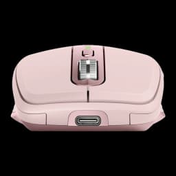 Logitech Rato MX Anywhere 3S Rosa, vista frontal: porta USB-C, roda metálica e LED de bateria visíveis