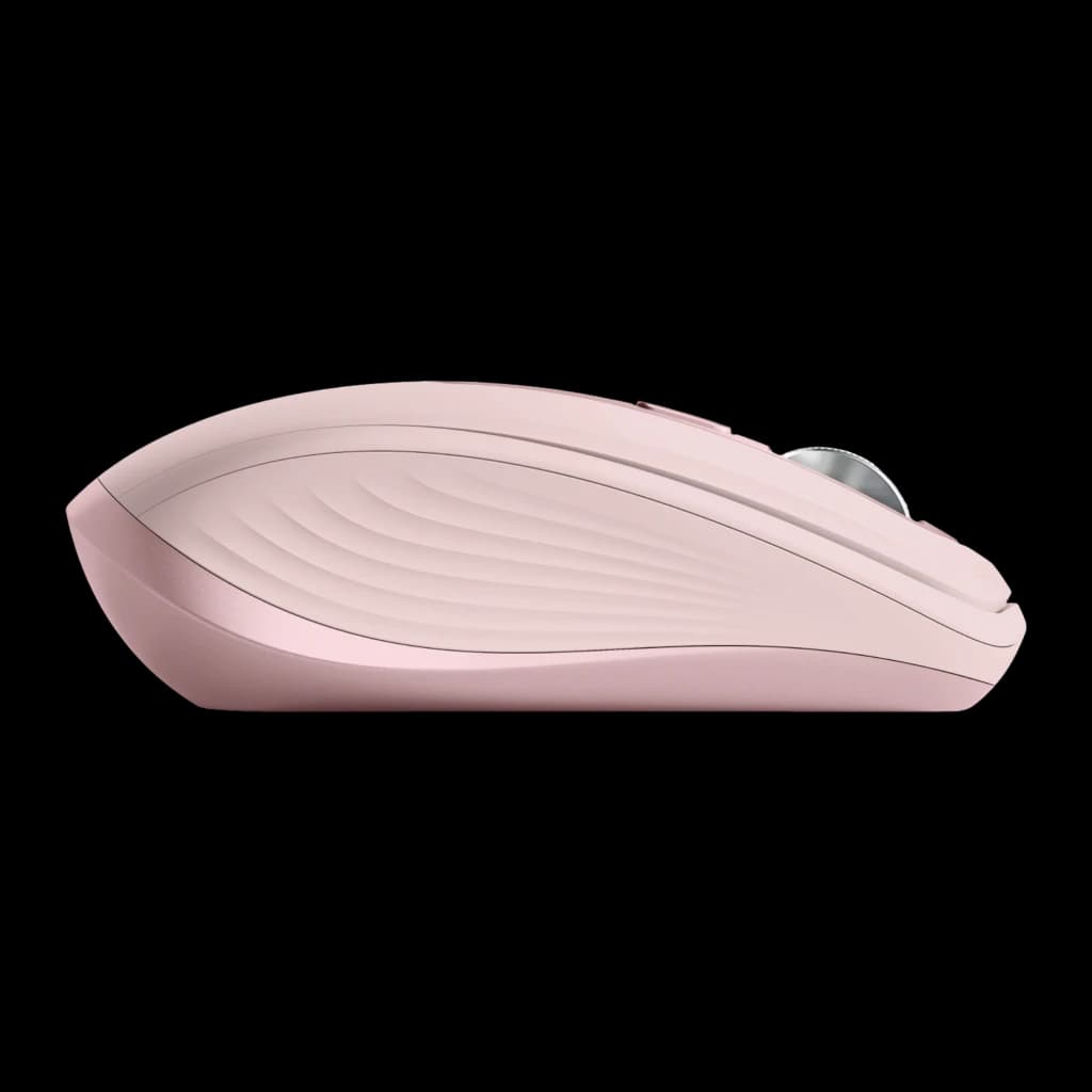 Logitech Rato MX Anywhere 3S Rosa, vista lateral: perfil completo com roda prateada e textura ergonómica