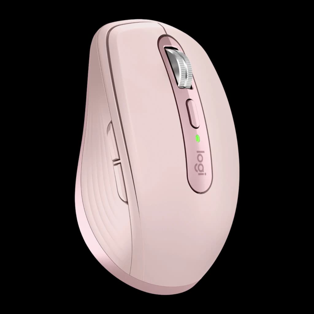 Logitech Rato MX Anywhere 3S Rosa, vista lateral: roda metálica, botão central, LED verde e logótipo logi visíveis