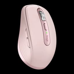 Logitech Rato MX Anywhere 3S Rosa, vista lateral: roda metálica, botão central, LED verde e logótipo logi visíveis