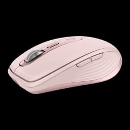 Logitech Rato MX Anywhere 3S Rosa, vista lateral: roda metálica, botões laterais e LED verde visíveis