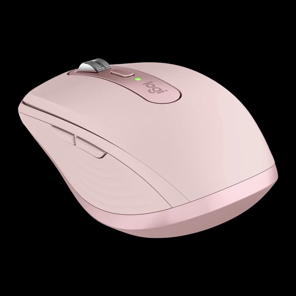 Logitech Rato MX Anywhere 3S Rosa, vista lateral em ângulo: roda de scroll, LED verde e botões laterais visíveis