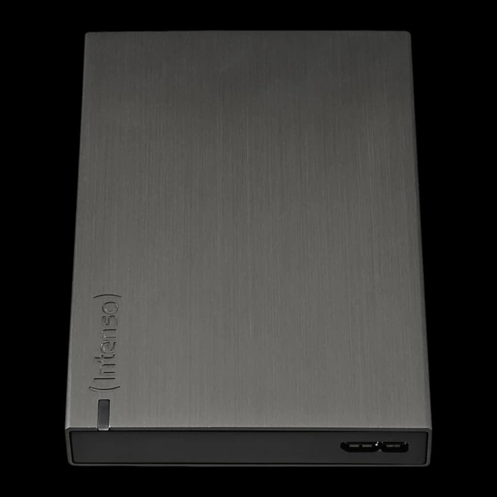 Intenso Memory Board 2TB gris, vue de face: surface brossée, logo Intenso et port USB sur le bord inférieur