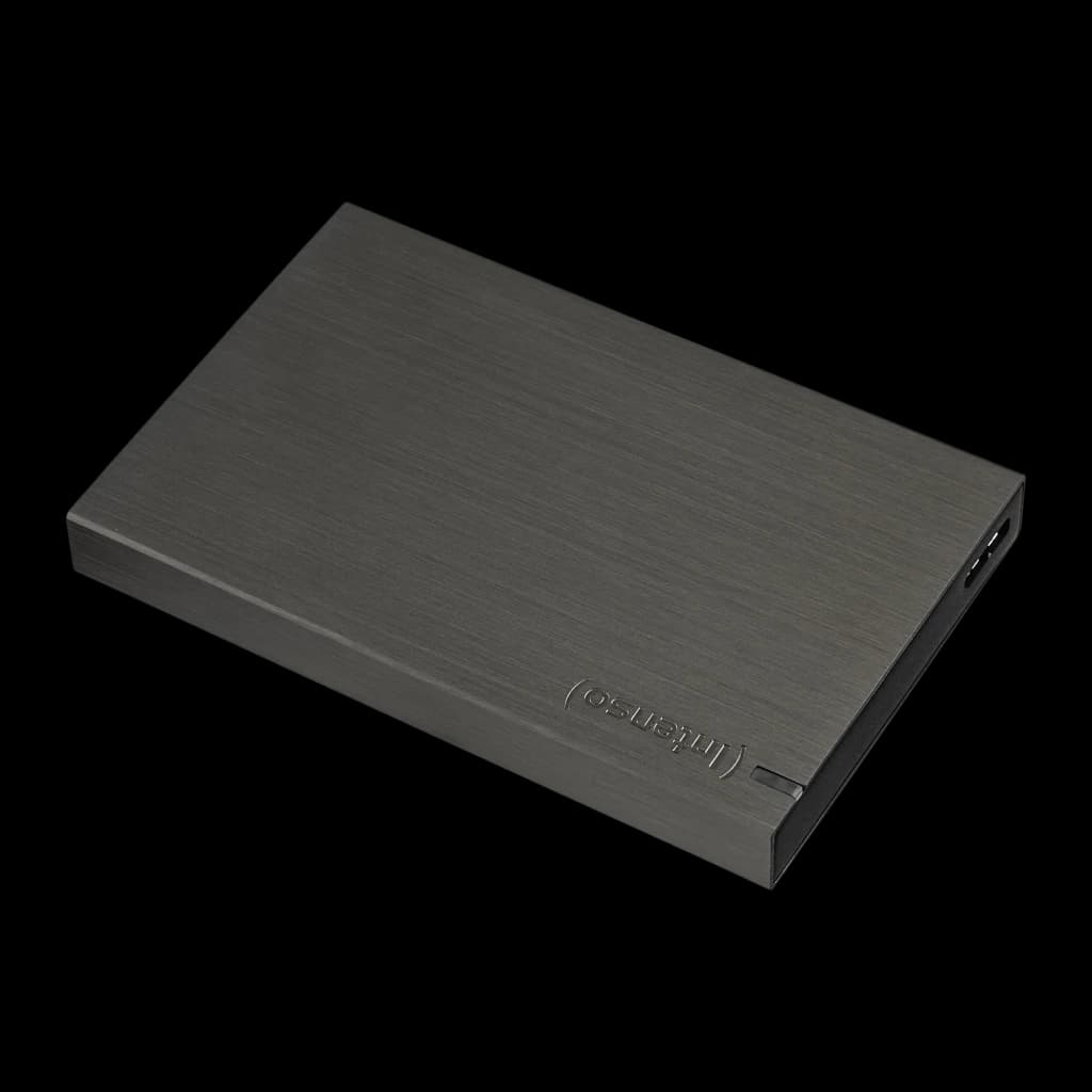 Intenso Memory Board 2TB gris, vue en perspective: angle trois quarts montrant le boîtier brossé et l'épaisseur du côté