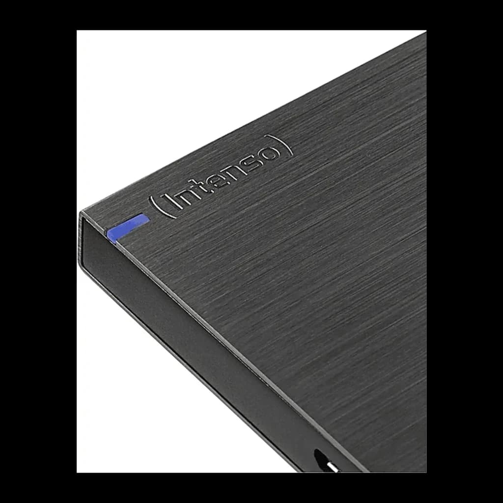 Intenso Memory Board 2TB gris, détail supérieur: finition métal brossé, logo gravé et indicateur LED bleu sur le côté