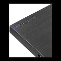 Intenso Memory Board 2TB gris, détail supérieur: finition métal brossé, logo gravé et indicateur LED bleu sur le côté