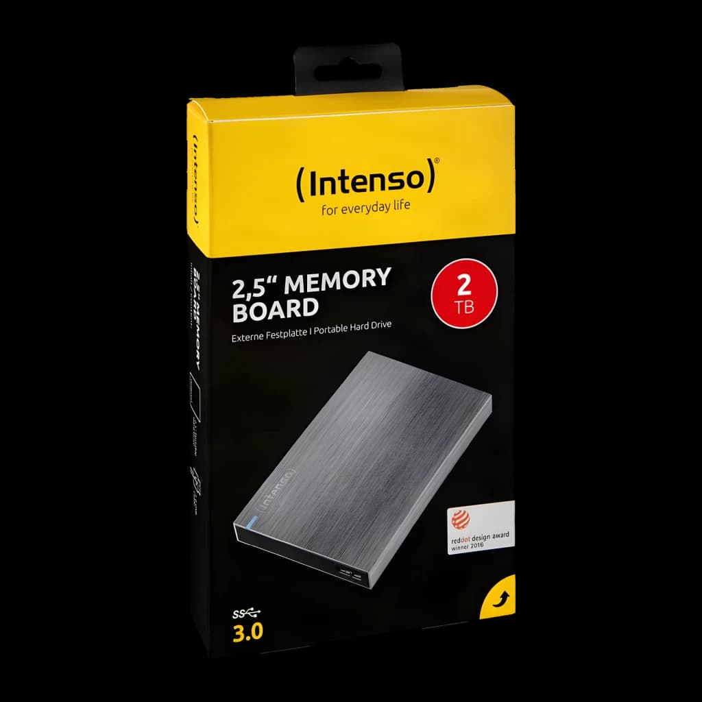 Intenso Memory Board 2TB gris, boîte avant: emballage jaune et noir avec disque visible et logo Red Dot Award